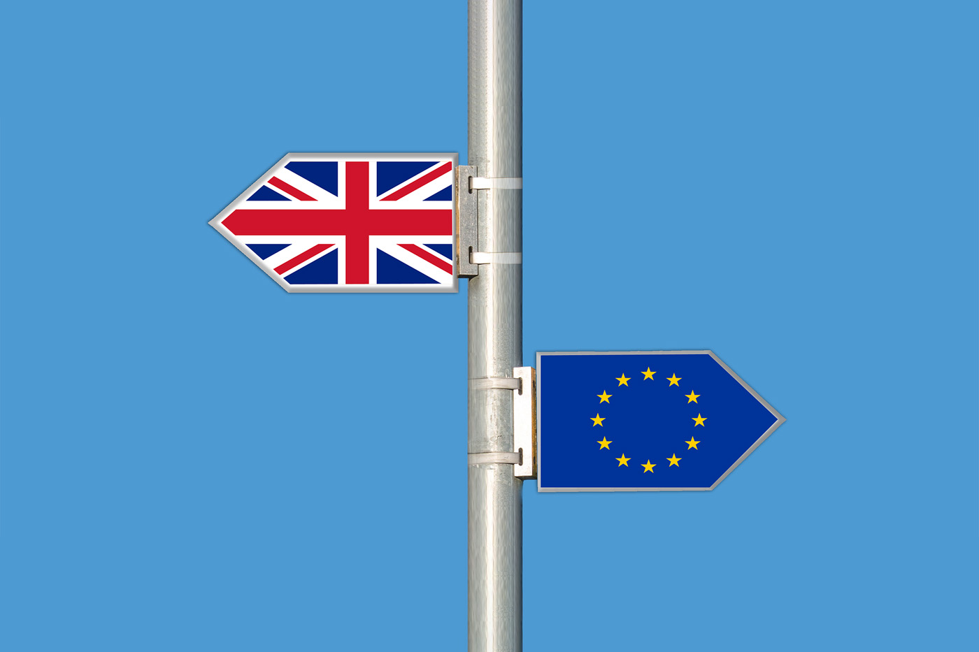signs indicating the United Kingdom to the left and the European Union to the right