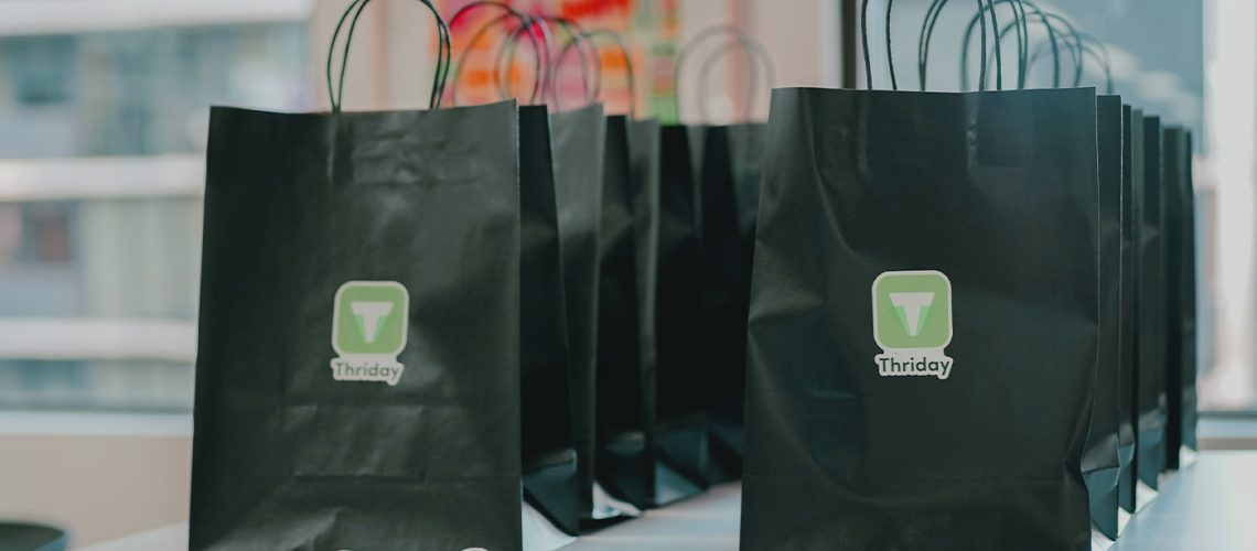 various bags with thriday logo